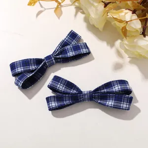 Korean preppy vintage blue plaid fabric bow hair clip side clip for women daily styling accessories