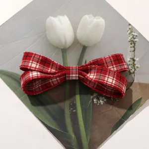 Korean vintage red plaid fabric bow hair clip for women, cute preppy side hairpin accessories.