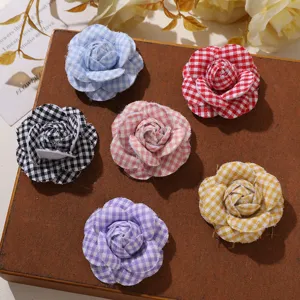 Korean Style Sweet Plaid Camellia DIY Fabric Flower Patch For Hair Clips And Brooches Clothing Apparel Decoration