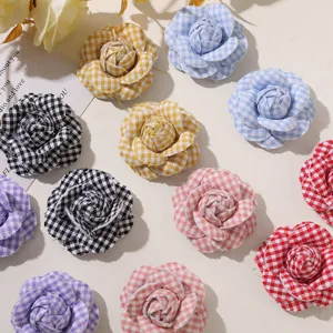 Korean style plaid camellia fabric flowers DIY hair clips bow accessories craft supplies