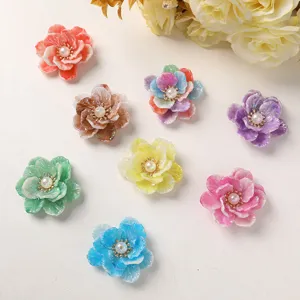 Colorful gradient acrylic flower cabochons with pearl center for DIY jewelry making accessories.