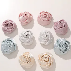 Satin fabric rose flowers with pearl details for DIY hair accessories and clothing trim