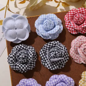 Fabric camellia flower DIY accessories, checkered and solid colors for crafts hairpins.