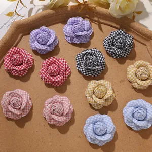 Korean style gingham fabric camellia DIY hair clip and clothing accessories craft supplies