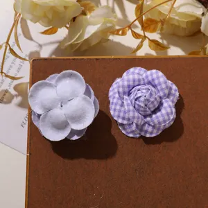 Fabric camellia flower DIY hair accessories, purple plaid and solid floral trims.