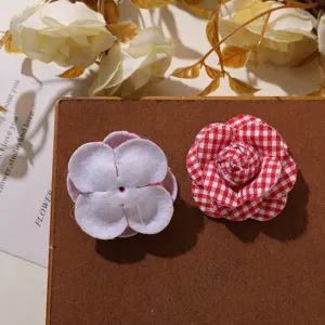 DIY red white plaid and white camellia fabric flowers for hair accessories clothing craft.