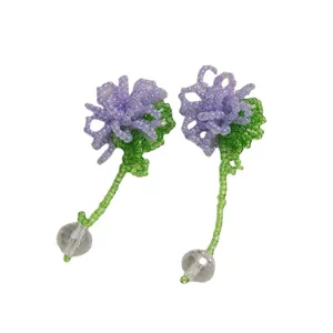 Handmade beaded purple flower earrings with clear crystal ball pendant DIY fashion jewelry accessories