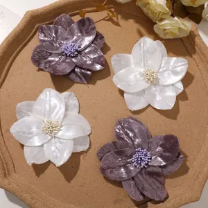 Fabric flower brooch DIY hair accessory white purple shiny silk material decorative craft.