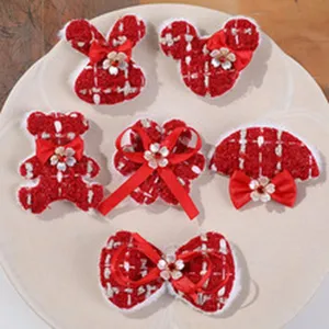 Red plaid fabric DIY hair clips set, cute animal and bow shapes for handmade hair accessories.
