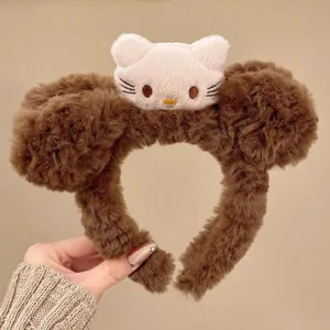 Leuke bruine pluche haarband met kattengezicht, zachte herfst winter fluffy kattenoor haarband.