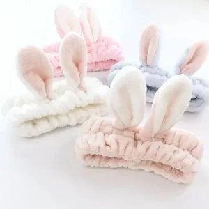 Joli Bandeau en Peluche avec Oreilles de Lapin Douce Polaire Corail Bande de Cheveux pour Lavage de Visage Maquillage Spa pour Femmes