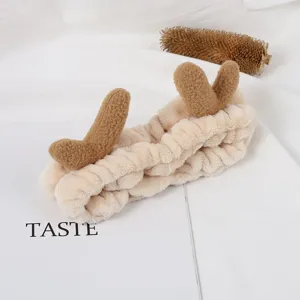 Fluffy plush headband with cute deer horns, soft beige hair band for daily makeup and washing.