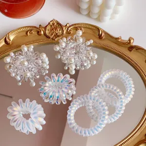 Elastici per capelli a spirale trasparente con perle, colore sirena e braccialetto carino.