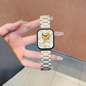 Stainless steel three-bead metal watch strap with folding clasp, durable and elegant.