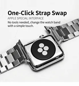 Metal watch strap detail showing the quick release stainless steel link design for smartwatches.