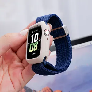 Blue braided nylon watch strap with metal buckle and protective case compatible with Apple Watch.