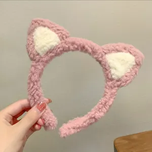 Cerchietto con orecchie di gatto in peluche per donne morbido trucco fascia per capelli