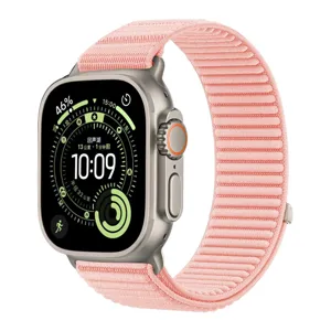 Cinturino in nylon rosa per smartwatch, cinturino di ricambio in tessuto traspirante, comfort quotidiano.