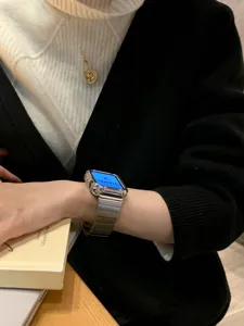Stainless steel metal strap and case for Apple Watch, single bead butterfly clasp design.
