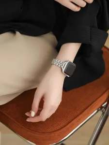 Stainless steel metal watch band detail shot, perfectly compatible with smartwatch design.