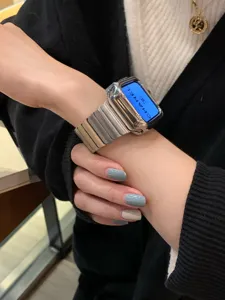 Metal watch band and case for Apple Watch, single-bead stainless steel strap with butterfly clasp.