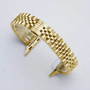 Stainless steel metal watch band compatible with Apple Watch, luxury gold 5-link strap.