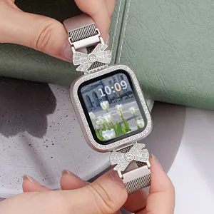 Cinturino Apple Watch Milanese in metallo con fiocco strass e chiusura magnetica donna.