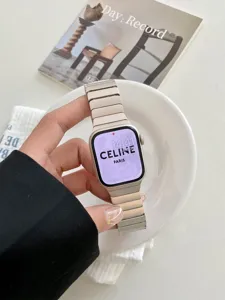Metal strap compatible with Apple Watch, luxury style single bead design with butterfly buckle.