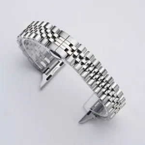 Stainless steel metal watch band compatible with Apple Watch, featuring a classic five-bead design.