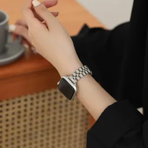 Stainless steel watch strap compatible with Apple Watch, three-bead metal band.