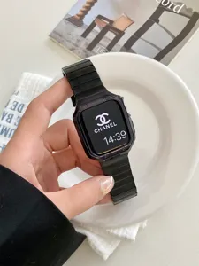 Metal watch band and case for Apple Watch, sleek black single bead stainless steel strap.