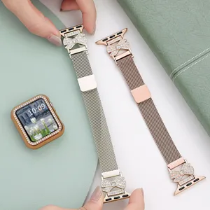 Cinturino per Orologio in Acciaio Inossidabile Milanese Fiocco di Cristallo Cinturino Magnetico per Smartwatch Donna Bracciale da Polso