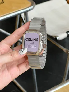 Metal watch band and protective case for smart watch, silver link bracelet with butterfly clasp.