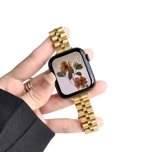 Stainless steel watch band for Apple Watch, durable three-bead metal strap for women.