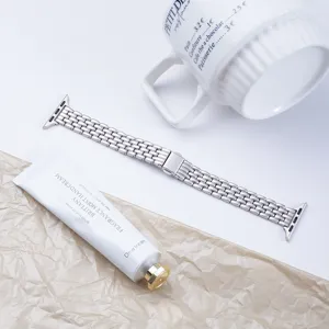 Stainless steel 5-bead watch band detailed view, premium metal replacement strap for smartwatch.