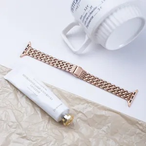Stainless steel metal watch strap replacement band compatible with Apple Watch rose gold 5-bead
