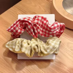 Coleteros a cuadros vista detallada, gomas para el pelo de tela estilo retro coreano.