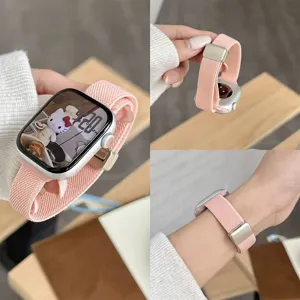Cinturino per orologio in nylon elastico rosa con fibbia magnetica compatibile Apple Watch.