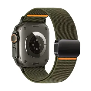 Gedetailleerd overzicht van groene nylon magnetische horlogeband voor elke smartwatch.