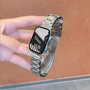 Stainless steel metal watch band with folding clasp for smart watch replacement strap.
