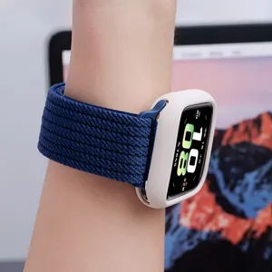 Blue braided nylon watch strap with protective case for smartwatch, comfortable design.