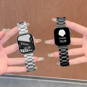 Stainless Steel Three Bead Metal Watch Band With Folding Clasp Compatible For Smartwatch Replacement Wrist Strap