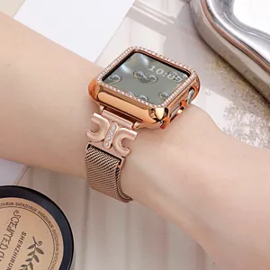 Cinturino per orologio milanese in metallo oro rosa e custodia strass per Apple Watch.