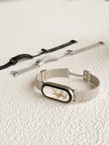 Metal magnetic watch strap replacement compatible with smart band wheat pattern silver black