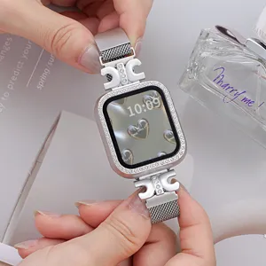 Cinturino per orologio in metallo argentato Milanese e cassa con strass per Apple Watch, elegante.