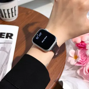 Detailed view of the premium leather watch strap designed for Apple Watch, elegant style.