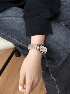 Detailed view of metallic mesh magnetic watch strap with elegant texture for smart bands.