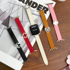 Smartwatch Leather Strap Four Leaf Clover Mother Of Pearl Magnetic Buckle Microfiber Replacement Watch Band For Women