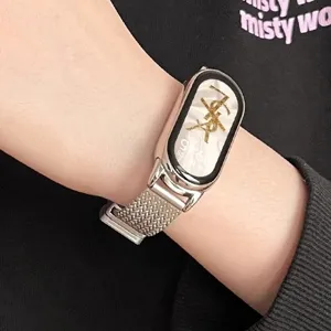 Replacement metal magnetic mesh strap for Xiaomi Band 8 9 10, stylish wheat design band.