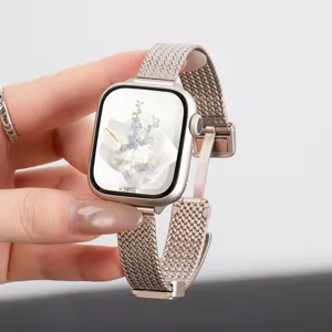 Rose gold metal mesh strap for smart watch, elegant magnetic loop design for women daily wear.
